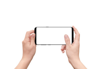Poster - Isolated hand and mobile phone. Woman holding modern smart phone with isolated screen for mockup.