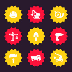 Sticker - construction icons, vector badges, trowel, drill, paint roller, excavator, truck, crane