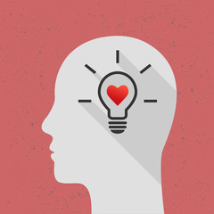 Poster - positive thinking concept with lightbulb, heart shape and human head. flat design with long shadow.