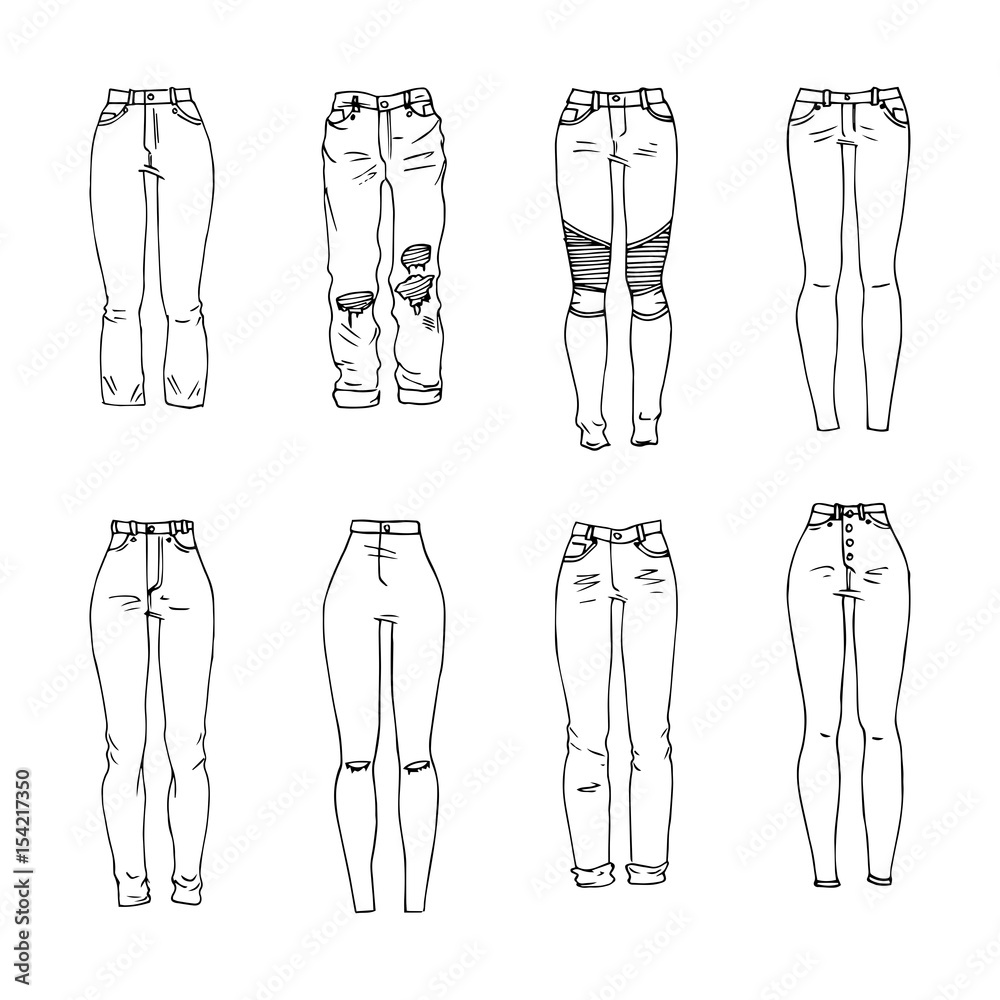 Hand drawn vector clothing set. Different models of trendy jeans. Stock ...