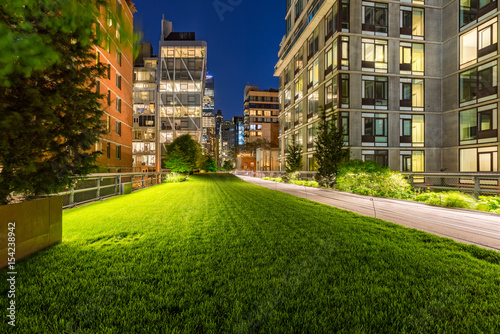Highline promenade and lawn at twilight with city lights in the heart of Chelsea Poster