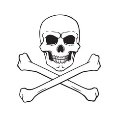 Wall Mural - Vector illustration. Hand drawn doodle of skull Jolly Roger with crossbones at the bottom. Danger warning sign. Cartoon sketch. Decoration for greeting cards, posters, emblems, wallpapers