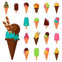 Wall Mural - Sweet cartoon cold ice cream set and tasty frozen icecream collection vector delicious colorful desserts