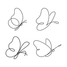 Set Of Modern Continuous Line Butterfly. One Line Drawing Of Insect Form For Logo, Card, Banner, Poster Flyer.