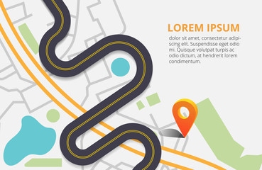 Twisted Road on a background map of the city top view. Vector illustration with orange pin, navigation. Can used for web banners