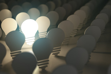 Poster - Light bulbs symbols with glowing one. Idea or difference concept background