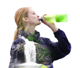 Wall Mural - Double exposure of landscape and young woman drinking water on white background. Concept of clean drink