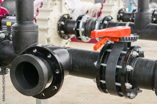 Butterfly valve at the connect hdpe pipe .manual valve. Stock Photo