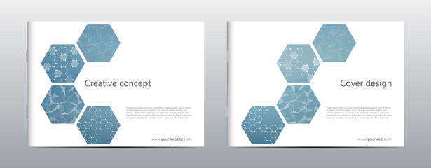 Rectangle brochure template layout, cover, annual report, magazine in A4 size with hexagonal molecule structure. Geometric abstract background. Vector illustration