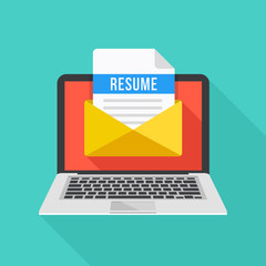 Poster - Laptop and envelope with resume letter. Email with cv, job application form. Employment, recruiting, human resources concepts. Modern flat design vector illustration