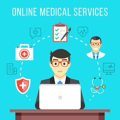 Poster - Online medical services. Man at computer asking for medical advice. Flat icons and thin line icons set, modern flat design graphic elements. Vector illustration