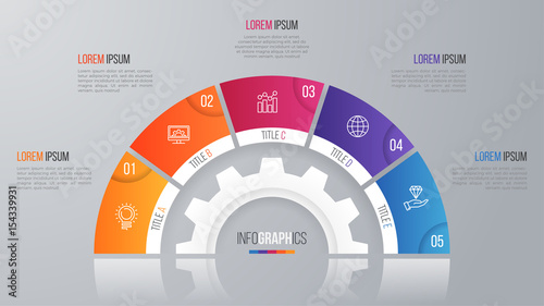 Vector circle chart template for infographics with 5 options. Tableau sur Toile