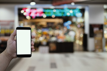 Wall Mural - blank screen smart phone in hand with blurred background of shopping mall, digital life; internet of things concept