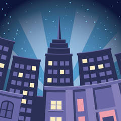 Sticker - comic city building skyscraper night view vector illustration