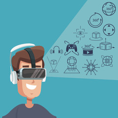 Wall Mural - young man virtual reality wearing goggle digital interface vector illustration