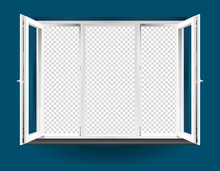 Triple Leaf Window Open With White Frames And Transparent Background.