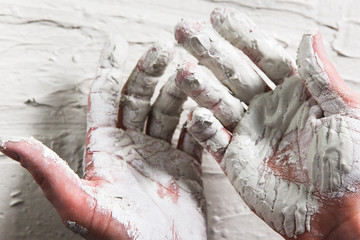 Hand White Plaster Closeup Repair Building Worker Dirty Stucco Construction Unrecognizable Concept