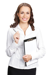 Businesswoman with clipboard, isolated