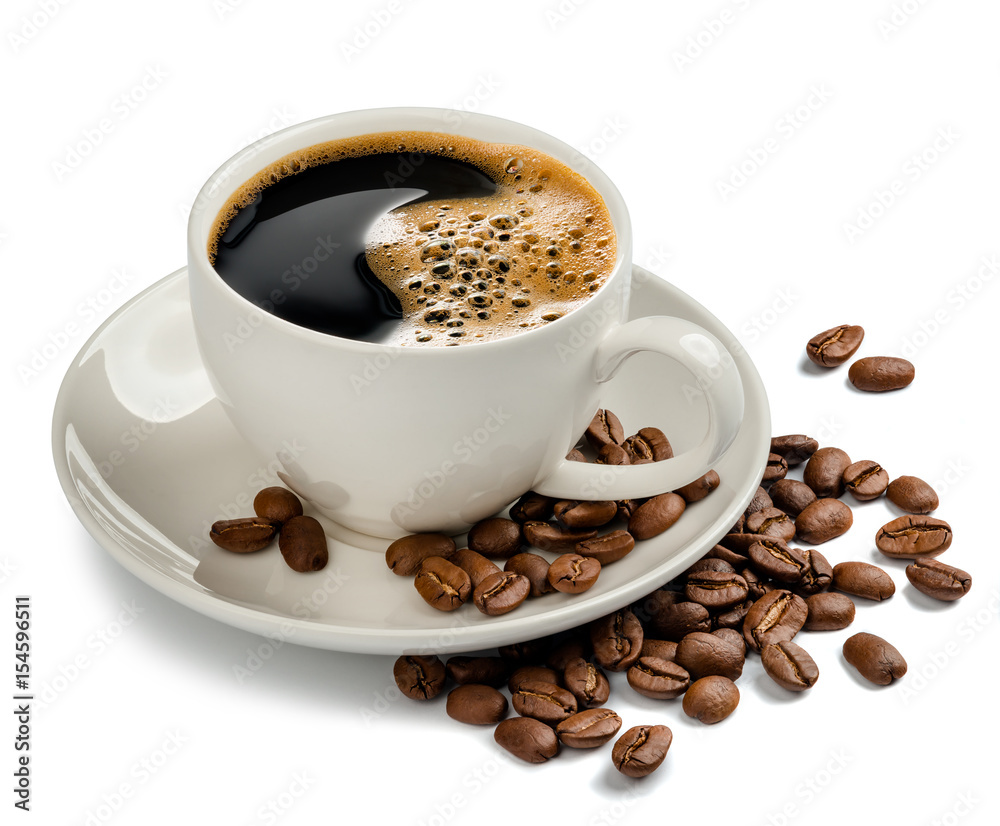 Obraz na płótnie Coffee cup and coffee beans on white background w salonie