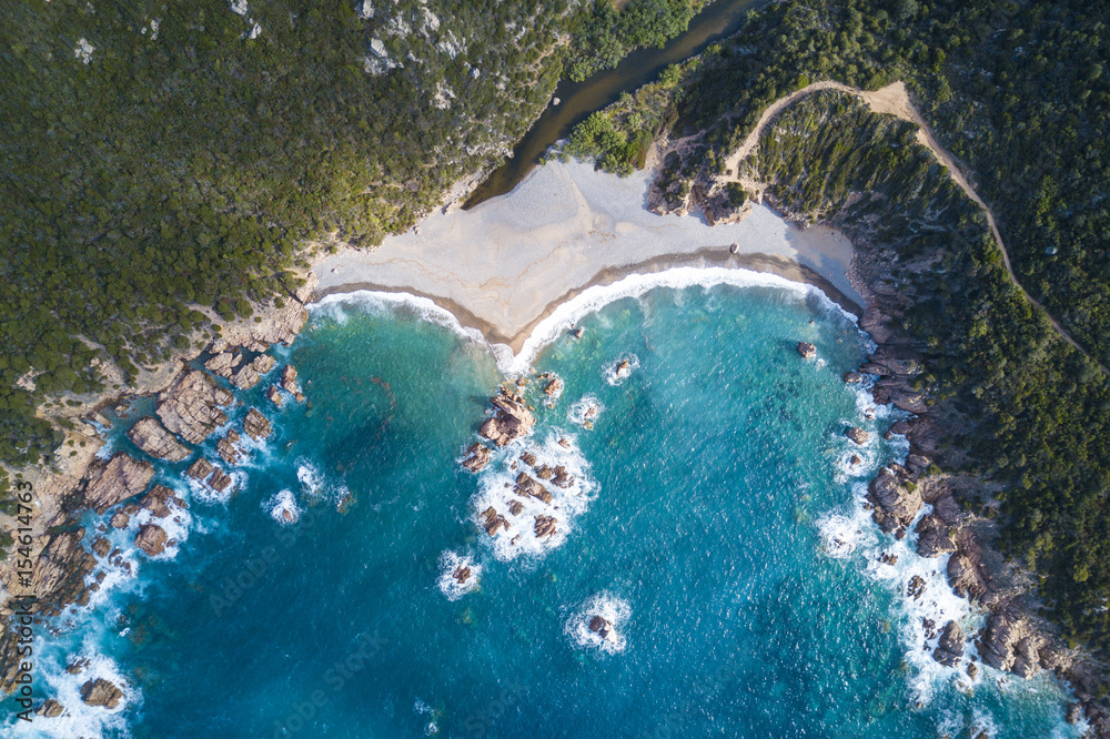 Aerial view of the amazing turquoise beach. .Emerald Coast in Sardinia ...