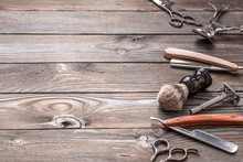 Vintage Barber Shop Tools On Wooden Background