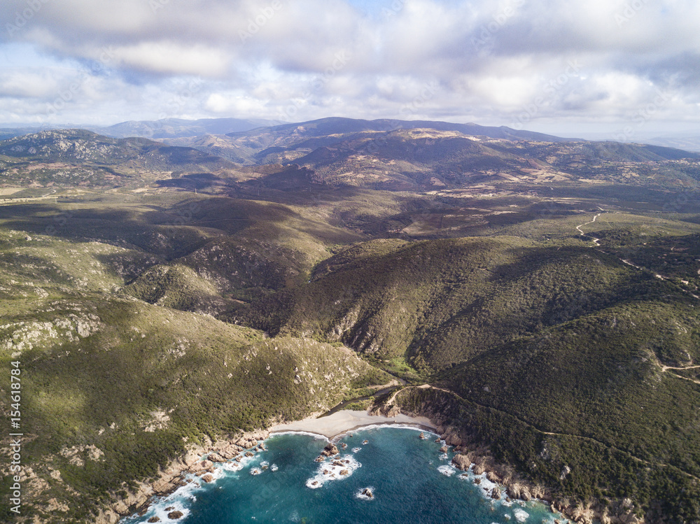 Aerial view of the amazing turquoise beach. .Emerald Coast in Sardinia ...