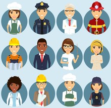 Set Of Icons Depicting Professions. Different Ethnically. Professionals In Their Field. Smile. In Flat Style.
