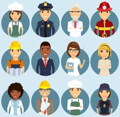 Set of icons depicting professions. Different ethnically. Professionals in their field. Smile. In flat style.