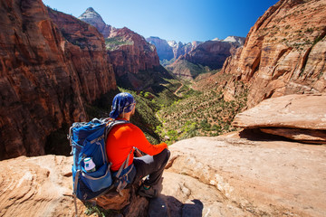 Wall Mural - A men is hiking in Zion National Par, Utah, USA