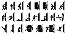 Man And Door Pictogram. Cliparts Depict Various Actions Of A Man With A Door. 
