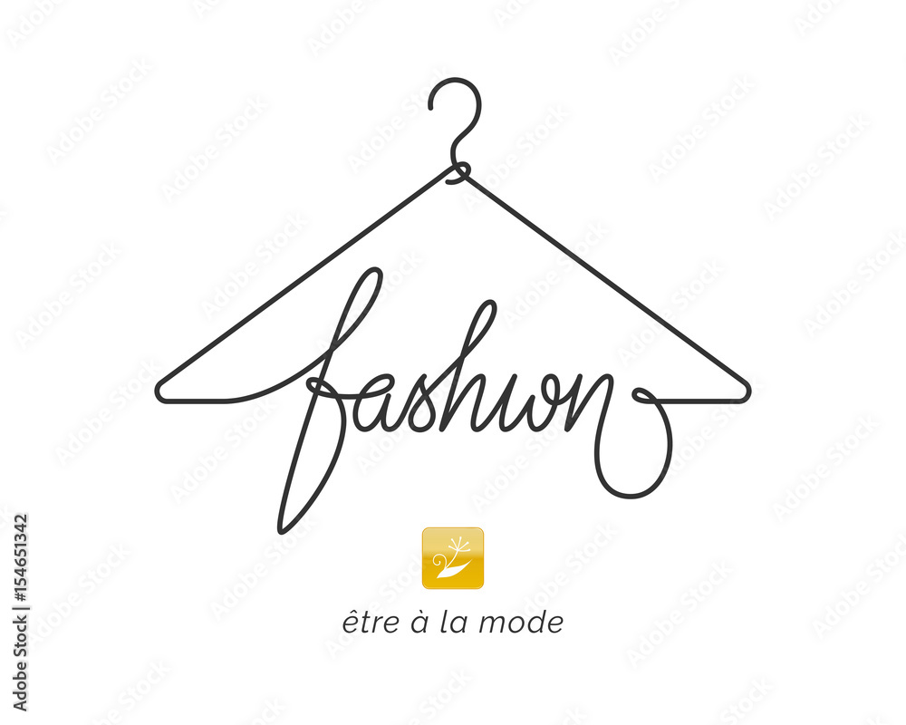 Creative fashion logo design. Vector sign with lettering and hanger symbol. Logotype calligraphy - obrazy, fototapety, plakaty 