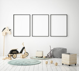 mock up poster frame in children bedroom, scandinavian style interior background, 3D render, 3D illustration