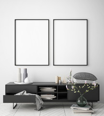 mock up poster frame in hipster interior background, scandinavian style, 3D render, 3D illustration