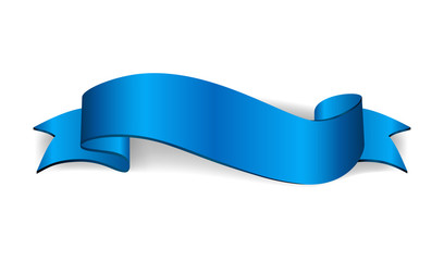 Wall Mural - Blue ribbon banner. Satin glossy bow blank. Design label scroll ribbon blank element isolated on white background. Empty curl banner retro template greeting, decoration Vector illustration
