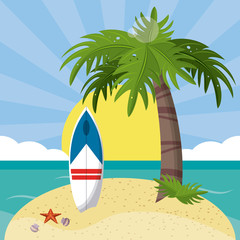 Sticker - summer beach in the seashore with surfboard and palm tree. vector Illustration