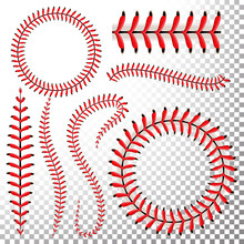 Baseball Stitches Vector Set. Baseball Red Lace Isolated On Transparent Background. Seam Baseball Ball, Seam Of Red Thread Illustration