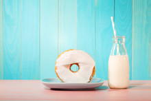 Donut With Milk On A Pastel Background