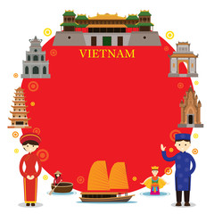 Wall Mural - Vietnam Landmarks, People in Traditional Clothing, Frame