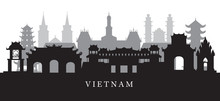 Vietnam Landmarks Skyline In Black And White Silhouette