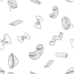 Wall Mural - Pasta collection. Hand drawn outline vintage sketch. Seamless pattern