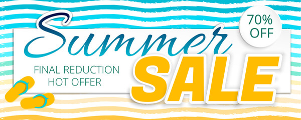 Wall Mural - Summer sale advertising poster in a maritime color. Striped background. Vector illustration with isolated elements