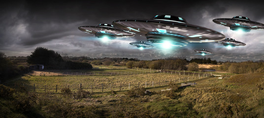 Poster - UFO invasion on planet earth landascape 3D rendering
