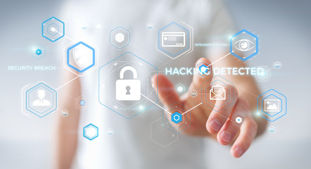 Poster - businessman using antivirus to block a cyber attack 3d rendering