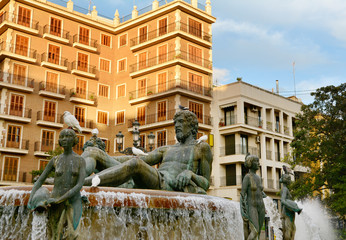 Turia Fountain in the Plaza de la Virgen in Valencia ,Spain.