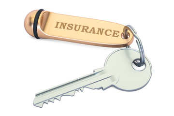 Poster - Insurance concept, key with keychain. 3D rendering