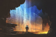 Sci-fi Concept Of The Astronaut Looking At Pattern On The Rock Wall In The Cave With Digital Art Style, Illustration Painting
