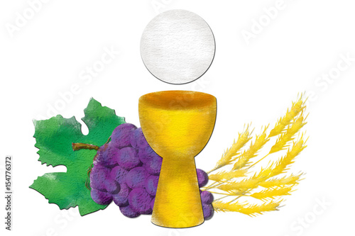 Fotografie, Obraz Eucharist symbols with chalice and host, bread and wine, with wheat ears and grapes cluster