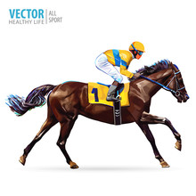 Jockey On Horse. Champion. Horse Racing. Hippodrome. Racetrack. Jump Racetrack. Horse Riding. Racing Horse Coming First To Finish Line. Vector Illustration.
