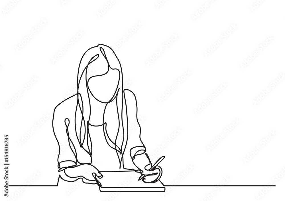 student girl writing - continuous line drawing - obrazy, fototapety, plakaty 