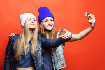 Two teenage girls friends in hipster outfit make selfie on a pho